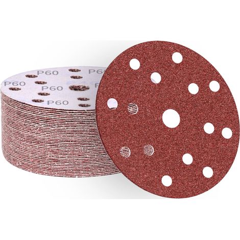 Disques abrasifs 150 mm 50 pièces grain 60,papier abrasif en alumine calcinée 15 trous,revêtement abrasif antiadhésif pour ponceuse orbitale (1/5)