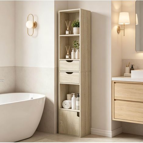 Libreria stretta 30 x 157,5 x 24 cm, 3 vani, 2 cassetti, 1 armadietto, rovere chiaro (1/5)
