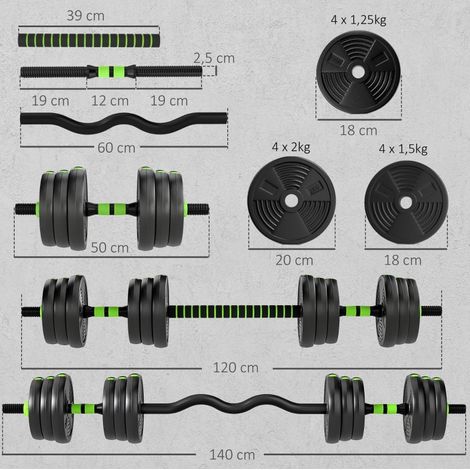 Mancuernas ajustables 20 kg, set 3 en 1 con barra larga y barra EZ, verde DESVIAE (1/5)