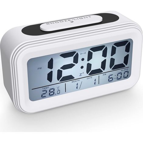 Réveil Digital Réveil Matin, Horloge Numérique Réveil à Pile Silencieux pour Enfants Adultes Grand écran LED Température Calendrier, Reveil de Voyage avec Veilleuse Snooze Fonction, Blanc (1/5)