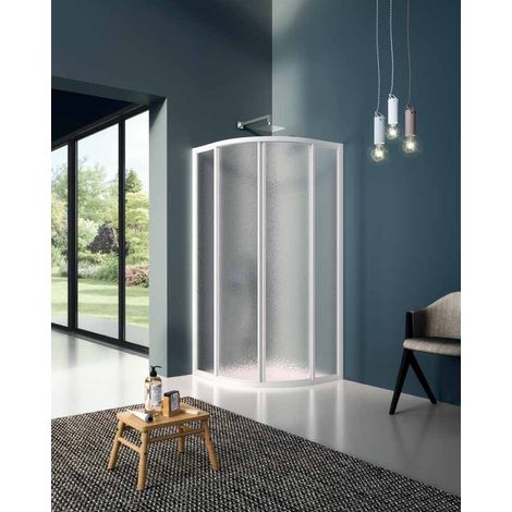 Samo - Paroi de douche 1/4 de rond ouverture centrale coulissante 76-80 cm profilé blanc verre transparent - America