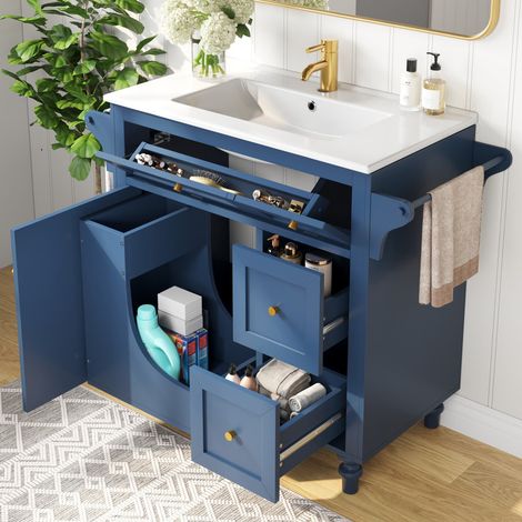 Meuble vasque avec rangement tiroirs coulissants + porte-serviette pour salle de bain – Meuble salle de bain Résistant à l'humidité –  99 x 45 x 86 cm