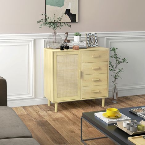Buffet rotin avec placards à porte cannage et 4 tiroir, 80 x 38 x 80,5 cm, effet bois naturel (1/5)