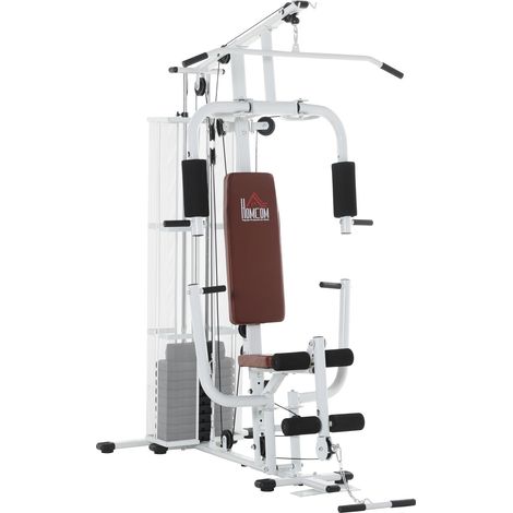 Station de fitness multifonctionnelle avec poulie haute, barre papillon, haltères de 45 kg et corde  équipement de fitness à domicile, blanc