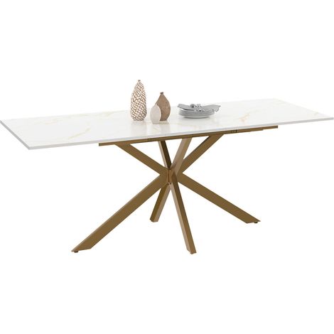 Idmarket – Table à manger extensible rectangle 160-200 cm – 6-10 personnes – Pied araignée laiton – Plateau effet marbre doré - ALIX 6-10