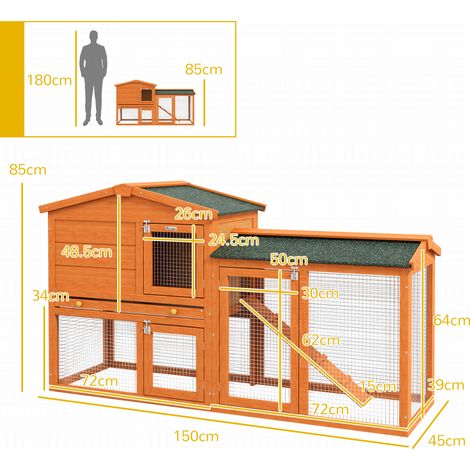 Cage à lapins 2 étages en bois de sapin, résistant à l'hiver, maison double niveau avec enclos extérieur, bac et rampe, 150x45x85 cm, parc pour rongeurs, abri pour lapins et cochons d'Inde, orange (1/5)