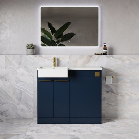 Napoli 250 Deep Blue 1000mm 2 Door Vanity Unit Toilet Suite with Left Hand Square Rico Semi Recessed Basin - 1000mm - Brushed Brass 160mm HandleWithout Kingston Toilet Pan