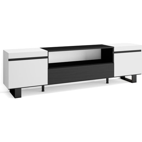 Skraut Home - Meuble TV, Banc Télé, Grand espace de Rangement, 200x57x35cm, Pour les TV jusqu'à 80", Design industriel, Style moderne, Blanc et noir (1/5)