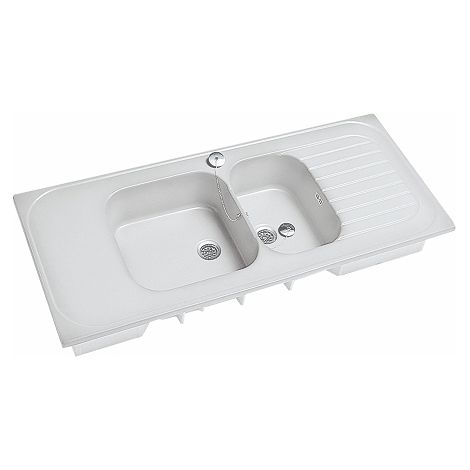 Allia – Évier 1,5 bac à poser blanc 140x60 cm – Trous amorcés pour robinetterie – Bondes inox Ø 62 avec bouchon – Trop-plein avec grille inox (1/5)