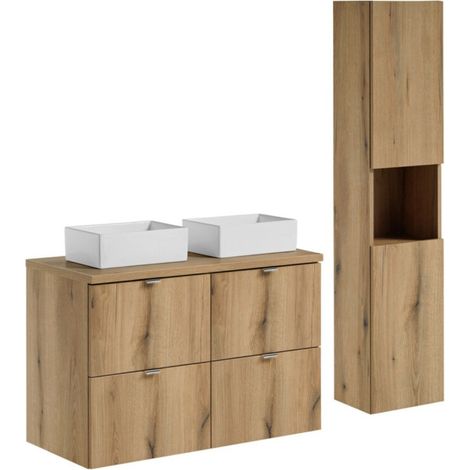Set VANO effetto quercia 130cm: mobili sottolavabo con cassetti + piano per lavabo + lavabi rettangolari da appoggio + colonna