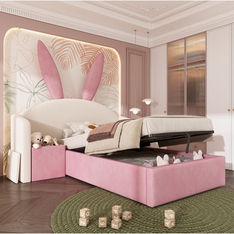 Lit coffre 90x190 enfant velours avec chevet rose OKMYHOME (1/5)