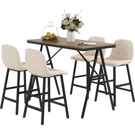 Ensemble de barre 5 pièces, couture boutonnée, table et 4 chaises, aspect lin, sellerie épaisse, beige (1/5)