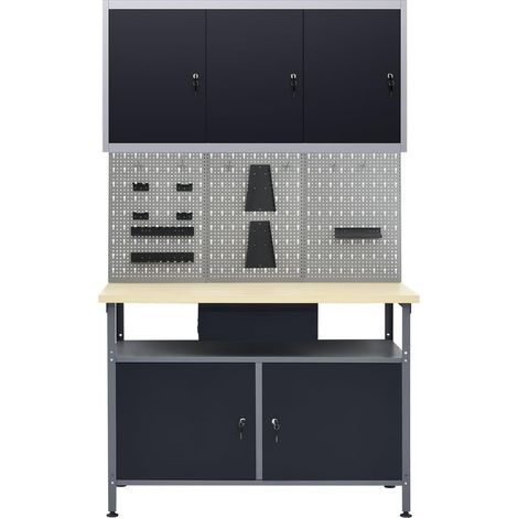 Banco da lavoro da 120 cm e 3 pannelli a parete e 1 armadio da officina tavolo da lavoro grigio nero 020003663