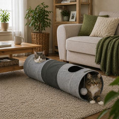 belviona Katzentunnel, faltbarer Spieltunnel für Katzen mit Spielball, erweiterbar, platzsparend & robust, 30x130 cm, grau (1/5)