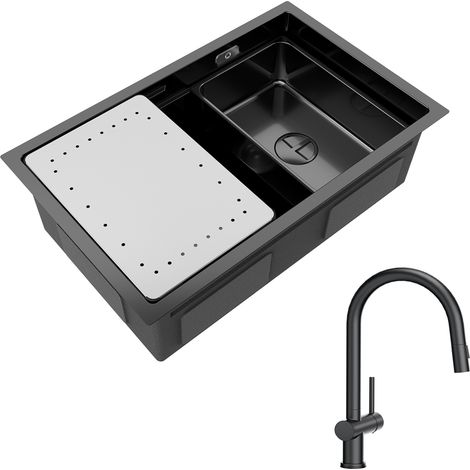 Cecipa Lavello Cucina 1 Vasca Antracite con Gocciolatoio e Vasca Lavello Incasso 70×44×21CM + Miscelatore Cucina Nero con Doccetta Estraibile (1/5)