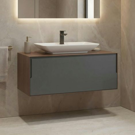 Meuble vasque suspendu blanc 100 cm anthracite et décor noyer 2 tiroirs RIA (1/5)