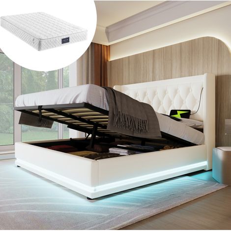 MEUBLIV Lit 160x200 cm blanc – rangement hydraulique, LED et USB, avec matelas (1/5)