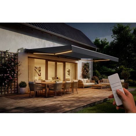 Store banne motorisé à LED semi-coffre gris FAZZIO 5x3m toile grise