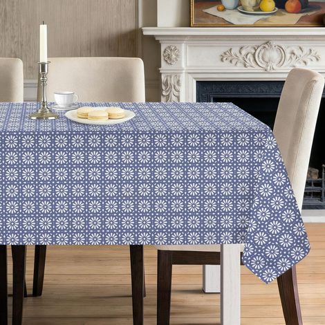 Nappe 152x264cm Bleu Floral Géométrique Facile d'entretien Infroissable