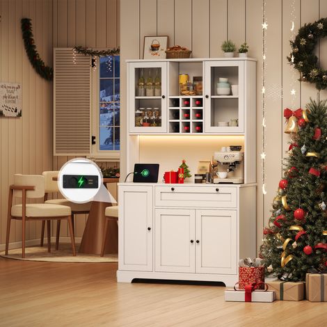 Buffet haute 180 cm avec LED et prise USB et courant Buffet en bois avec tiroir, portes de rangement et étagères réglables Blanc (1/5)