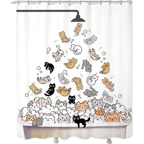 Rideau de douche chat rigolo 180x180, motif chaton, coloré, adorable et hilarant, imperméable et lavable en polyester. (1/5)