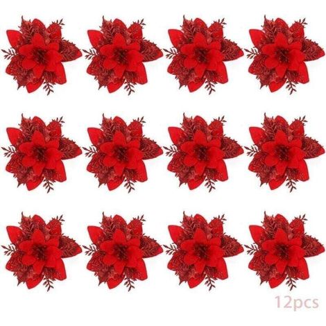 Fiori di Natale, 12 fiori di Natale glitterati, fiore di Natale glitterato cavo, stella di Natale artificiale, decorazione per albero di Natale (rosso-B).