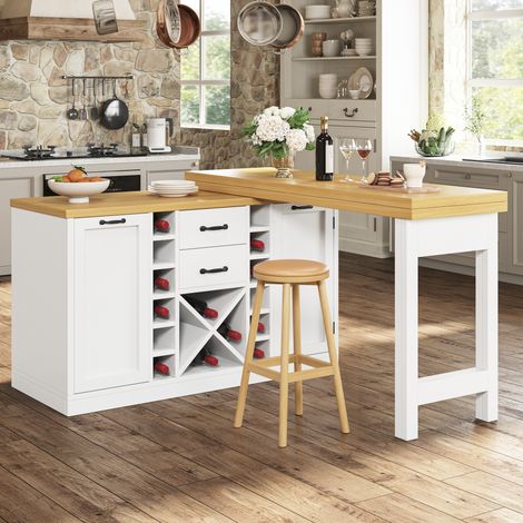 Isola cucina girevole 120-223 cm con contenitore, 2 cassetti e supporto per pattumiera, MDF e metallo - bianco (1/5)