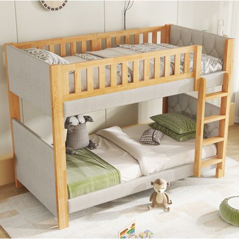 Etagenbett für Kinder modern aus Holz grau/natur 90x200 cm mit gerader 4-stufiger Treppe und Absturzsicherung (1/5)