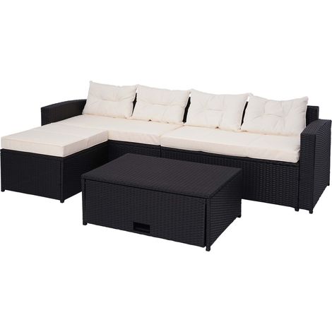 Ensemble poly rotin HWC-J34, ensemble balcon/jardin/salon - noir, coussins crème-beige (1/5)