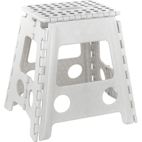 Taburete plegable de PVC, tamaño L (29×22×39 cm), capacidad de 130 kg, ligero y seguro, blanco.