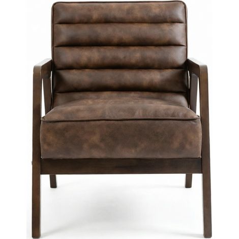 Sillón tapizado marrón de PU con estructura de madera, asiento amplio para salón (1/5)