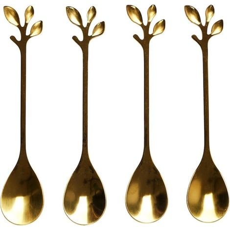 Set de 4 cuillères à café dorées en acier inoxydable style feuilles