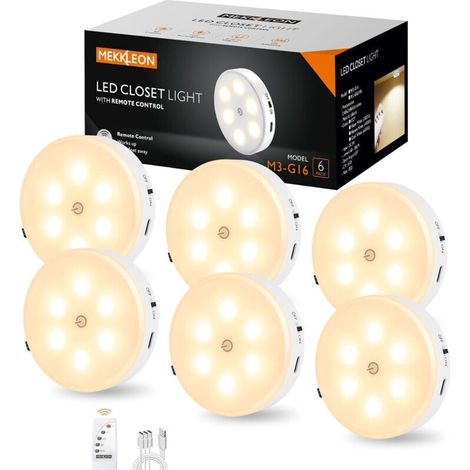 Lot de 3 lampes rondes avec télécommande, 1 000 mAh rechargeables, pour dessous d'armoire, lampes LED de placard, lumières à coller sans fil pour dessous d'armoire,couloir, escalier 6pcs (1/4)