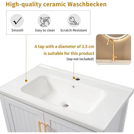 Meuble vasque salle de bain 80 cm avec meuble sous lavabo et céramique blanche, blanc (1/5)