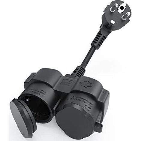 Rallonge avec prises Schuko, fiche double en caoutchouc pour usage extérieur, prise extérieure 2 en 1, étanche IP44 pour jardin, cuisine, noir (1/5)