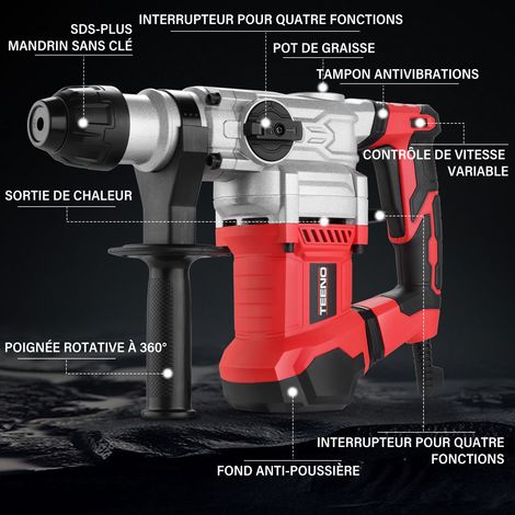 Teeno – Marteau perforateur 1500W 7J – 6 vitesses – Mandrin SDS Plus rapide – Embrayage de sécurité – Technologie anti-vibration – Pour béton et maçonnerie — vue 2