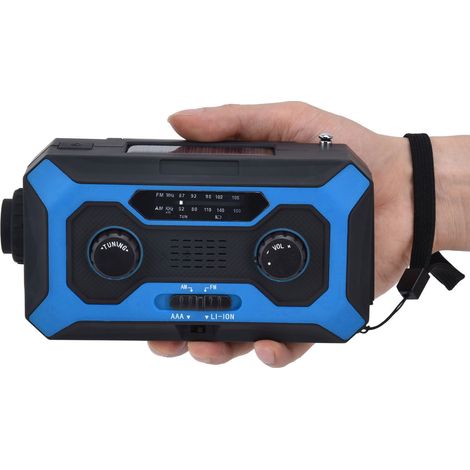 Radio météo d'urgence à manivelle avec commutation AM/AM, indicateur de batterie, lampe torche et batterie solaire pour le camping (version bleue UE). (1/5)