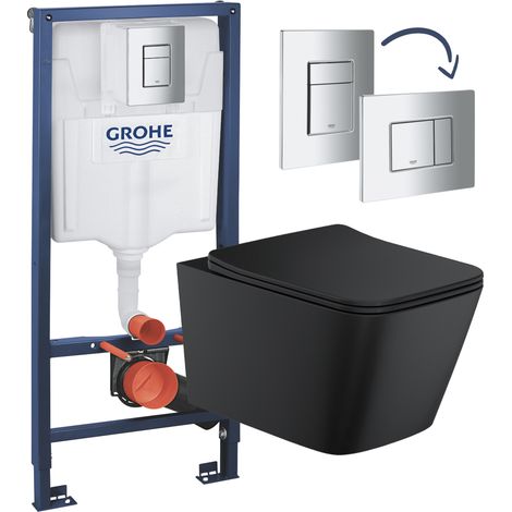 Matt Black Rimless Square Wall Hung Toilet with Grohe Rapid 1.13m Concealed Cistern Frame Set - Chrome Plate (1/4)