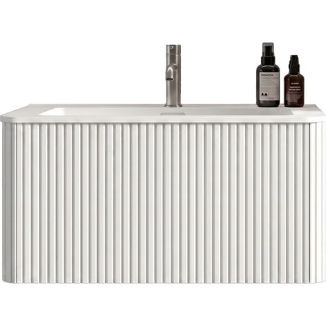 Meuble sous-vasque 80 cm mural avec vasque en surface minérale, tiroirs push-to-open, rainures verticales pour petite salle de bain, blanc CHICFURN (1/5)