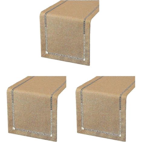 3 chemins de table/nappes cousus main, fil d'argent entrelacé, beige foncé, 12 x 72 pouces. (1/5)