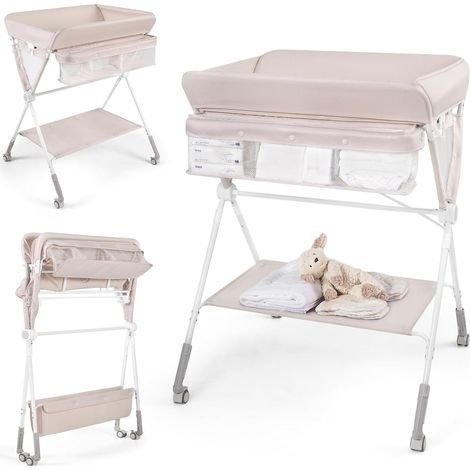 COSTWAY Fasciatoio Pieghevole per Bambini,Altezza Regolabile,Porta Asciugamani,0-12 Mesi,Beige (1/5)