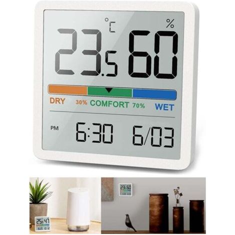BUNTHAUS Digitales Thermometer-Hygrometer, digitales Tischthermometer mit Temperatur- und Feuchtigkeitsanzeige, präzises Raumthermometer mit Uhr für Büro, Zuhause und Schlafzimmer