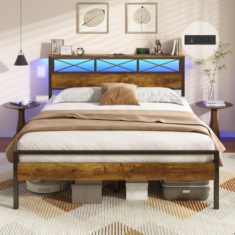 Cadre de Lit Métal 140x190 cm - Lit Double avec Tête de Lit LED RGB, 2 Prises AC + 2 Ports USB (A&C), Étagères de Rangement - Style Industriel - Montage Facile (1/5)
