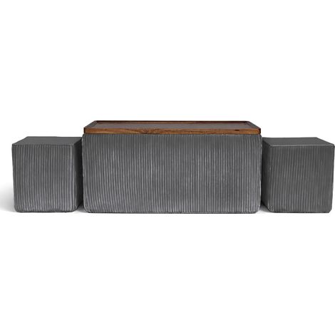 Set 3 Pouf Contenitore Quadrati con Tavolino Rettangolare da Salotto in Velluto e Coperchio in Legno, 2 Pouf Interni Salvaspazio, Tavolino Contenitore Moderno,Poggiapiedi, Seduta Imbottita Grigio Scur