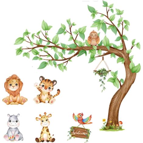 2 stickers muraux arbre avec animaux mignons, décoration enfantine