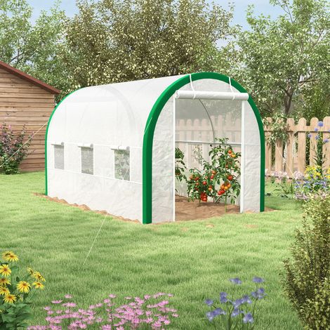 Tunnel de culture cadre métallique portes zippées fenêtres moustiquaires 3,5x2x2m blanc, serre ventilée et stable pour jardin (1/4)