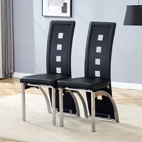 Pack de 2 sillas de comedor, cuero sintético PU y patas de metal plateado, altura 102,5 cm, negro y plateado (1/5)