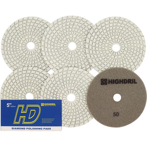Lot de 6 tampons de polissage diamantés humides 125 mm 50, pour le ponçage du marbre granit utilisé sur meuleuse ou polisseuse (1/5)