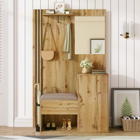 MEUBLIV Mueble de entrada 115x185x37 cm natural – espejo, banco y paragüero (1/5)