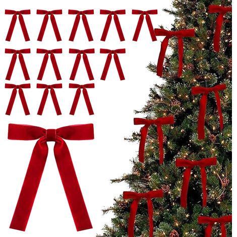 Lot De 12 NœUds En Velours Rouge Pour Deco Sapin Noel, Noeuds De NoëL Avec Attaches TorsadéEs, Vintage Noeud Sapin, Classiques Noeud Decoration Pour Guirlande, Arbre, CheminéE, Port (1/5)